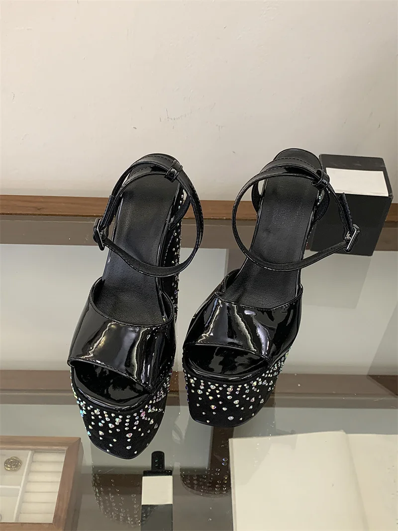 Liyke Fashion Crystal Rhinestone Thick High Heels Chunky Platform Sandals Women Open Toe Wedding Banquet Shoes Zapatos De Mujer