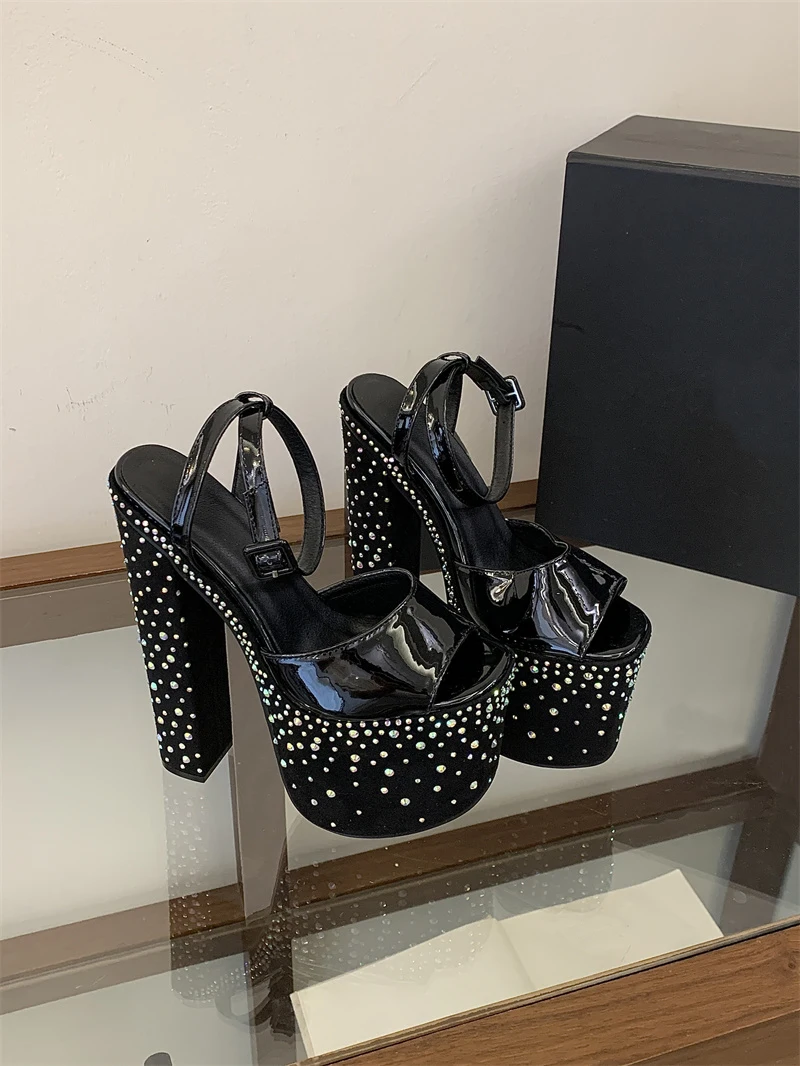 Liyke Fashion Crystal Rhinestone Thick High Heels Chunky Platform Sandals Women Open Toe Wedding Banquet Shoes Zapatos De Mujer