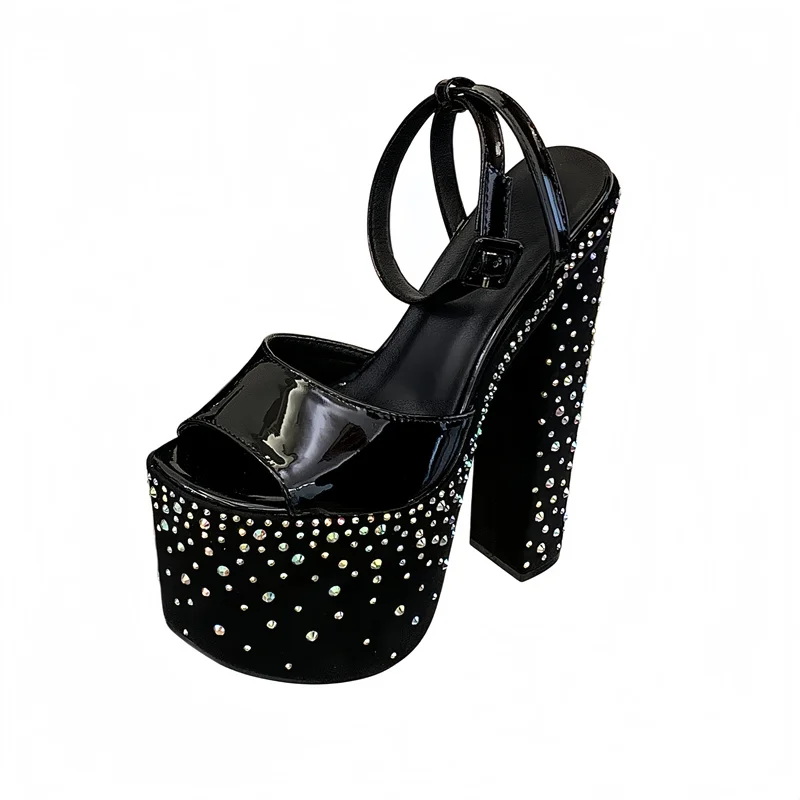 Liyke Fashion Crystal Rhinestone Thick High Heels Chunky Platform Sandals Women Open Toe Wedding Banquet Shoes Zapatos De Mujer