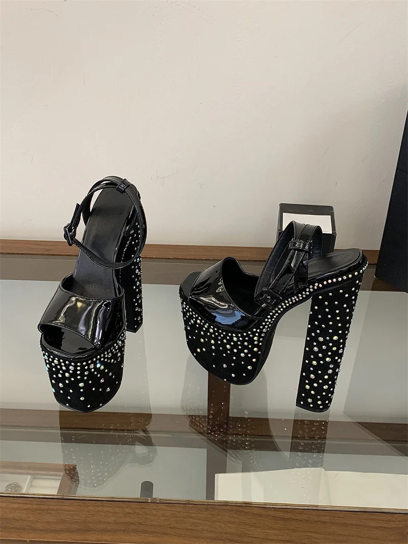 Liyke Fashion Crystal Rhinestone Thick High Heels Chunky Platform Sandals Women Open Toe Wedding Banquet Shoes Zapatos De Mujer