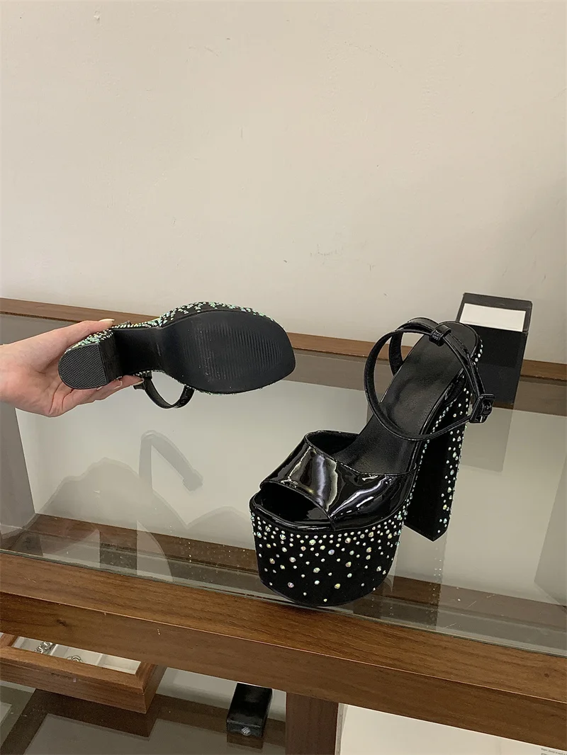 Liyke Fashion Crystal Rhinestone Thick High Heels Chunky Platform Sandals Women Open Toe Wedding Banquet Shoes Zapatos De Mujer