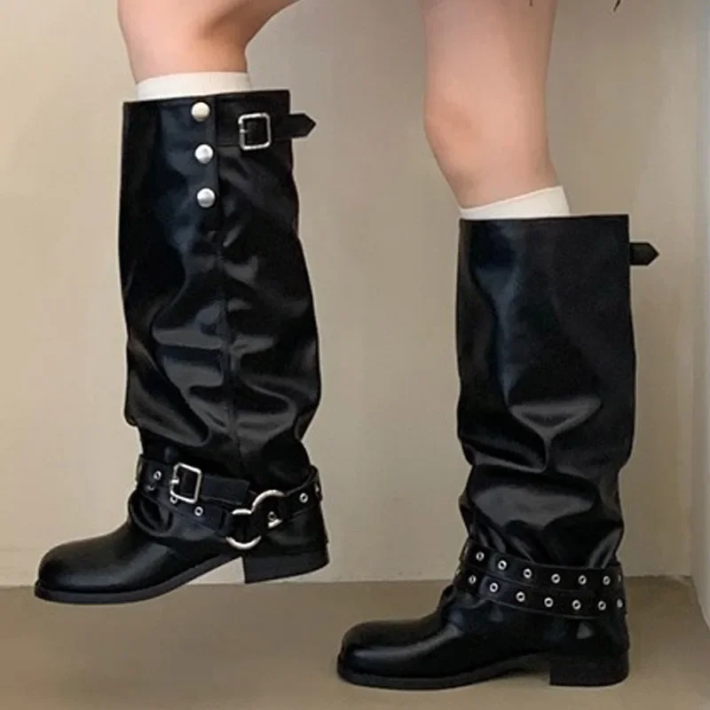 Eilyken Punk Style Foldable Snap‑Button Belt Straps Women Knee-High Boots Fashion Slouchy Wide Calf Pipe Booties Shoes