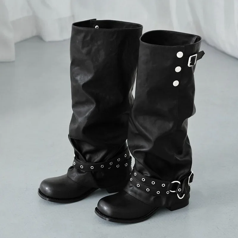 Eilyken Punk Style Foldable Snap‑Button Belt Straps Women Knee-High Boots Fashion Slouchy Wide Calf Pipe Booties Shoes