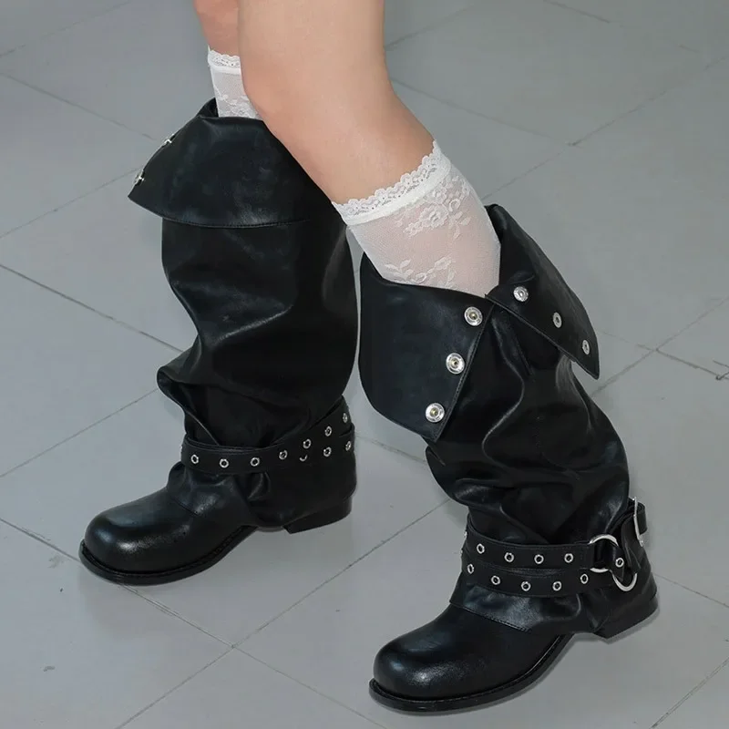 Eilyken Punk Style Foldable Snap‑Button Belt Straps Women Knee-High Boots Fashion Slouchy Wide Calf Pipe Booties Shoes