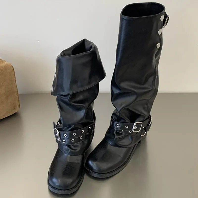 Eilyken Punk Style Foldable Snap‑Button Belt Straps Women Knee-High Boots Fashion Slouchy Wide Calf Pipe Booties Shoes