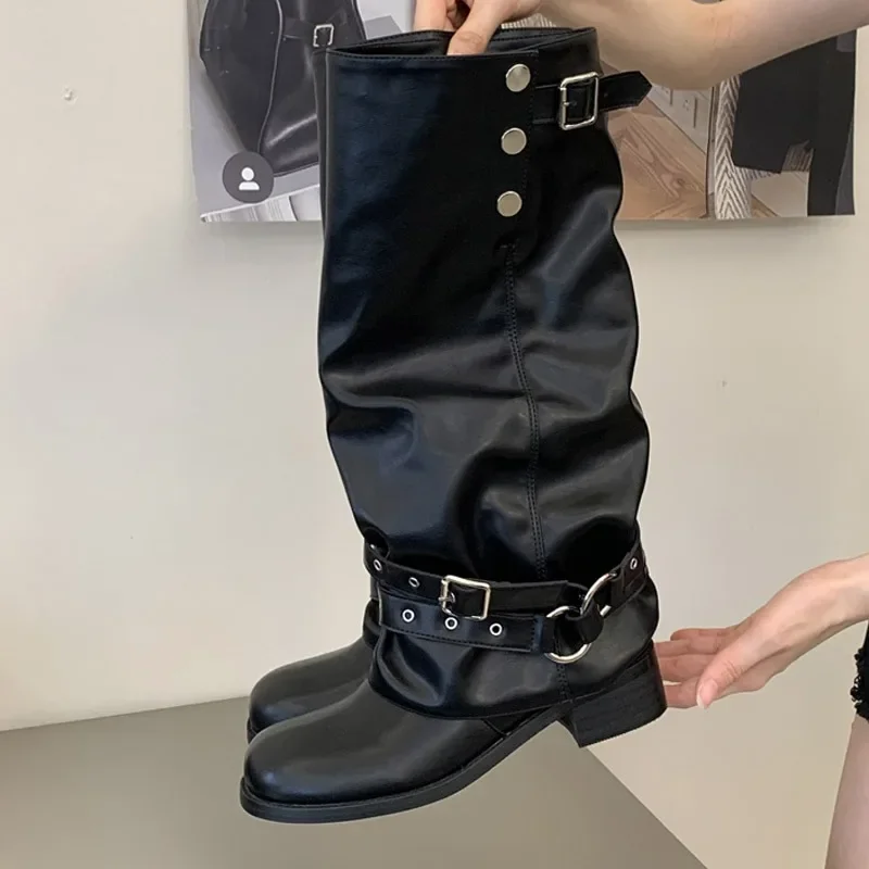 Eilyken Punk Style Foldable Snap‑Button Belt Straps Women Knee-High Boots Fashion Slouchy Wide Calf Pipe Booties Shoes