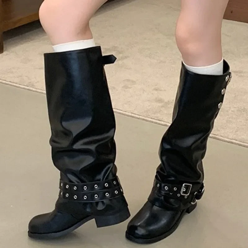 Eilyken Punk Style Foldable Snap‑Button Belt Straps Women Knee-High Boots Fashion Slouchy Wide Calf Pipe Booties Shoes