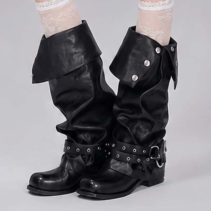 Eilyken Punk Style Foldable Snap‑Button Belt Straps Women Knee-High Boots Fashion Slouchy Wide Calf Pipe Booties Shoes