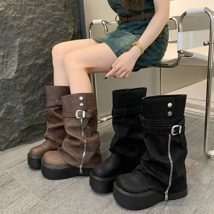 2026Women's Autumn and Winter Fashion Side Zipper Design Knight Boots, Multi-functional Retro Platform Boots, Suitable for Women