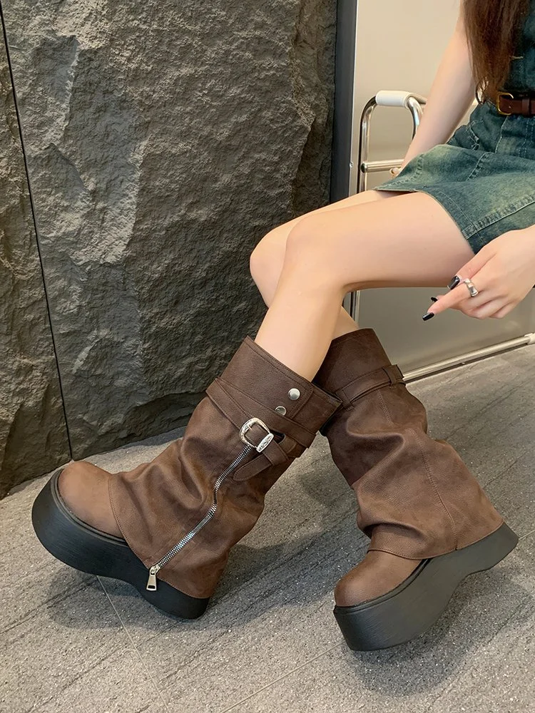 2026Women's Autumn and Winter Fashion Side Zipper Design Knight Boots, Multi-functional Retro Platform Boots, Suitable for Women