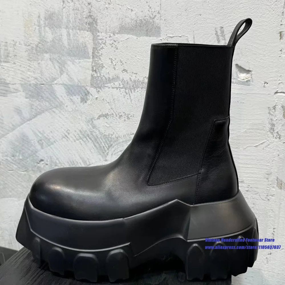 Black Chunky Platform Chelsea Boots Round Toe Elastic Band Slip On Gothic Thick Sole Ankle Booties Luxury Designer Men's Boots