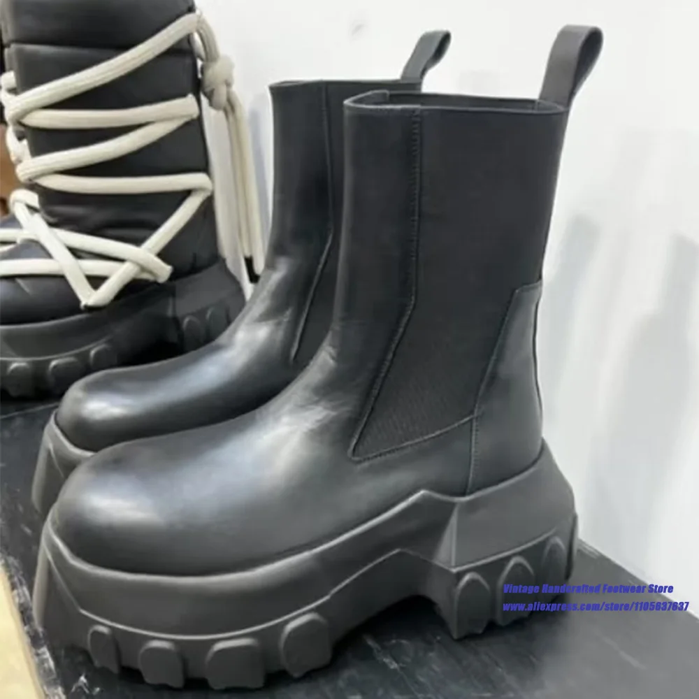Black Chunky Platform Chelsea Boots Round Toe Elastic Band Slip On Gothic Thick Sole Ankle Booties Luxury Designer Men's Boots