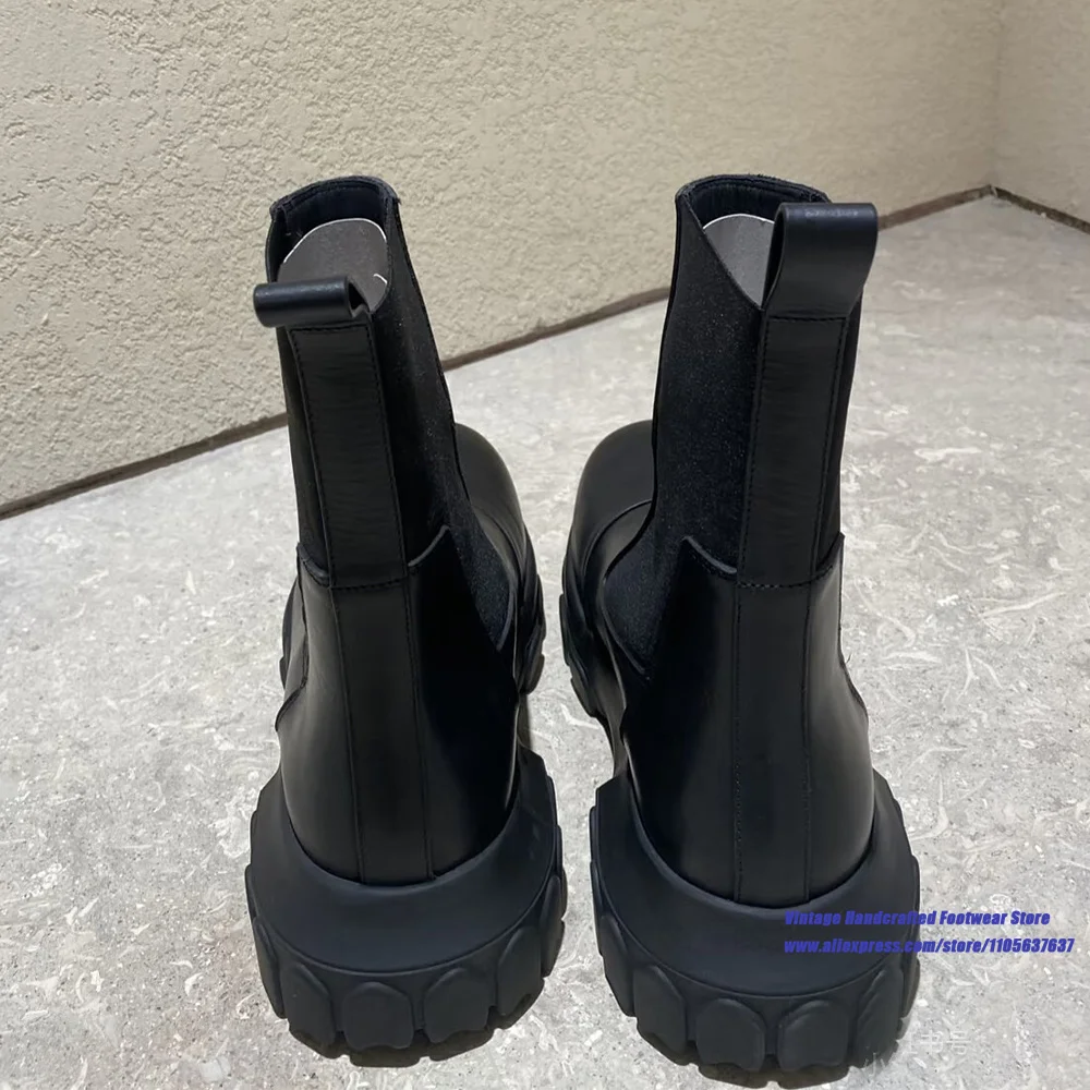 Black Chunky Platform Chelsea Boots Round Toe Elastic Band Slip On Gothic Thick Sole Ankle Booties Luxury Designer Men's Boots