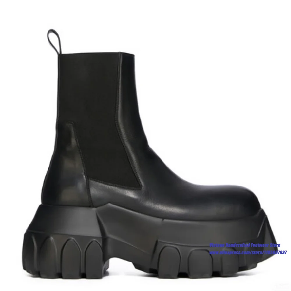 Black Chunky Platform Chelsea Boots Round Toe Elastic Band Slip On Gothic Thick Sole Ankle Booties Luxury Designer Men's Boots