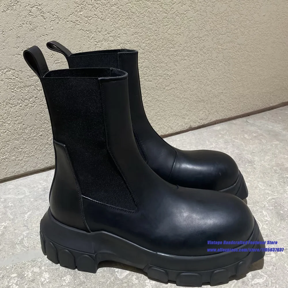 Black Chunky Platform Chelsea Boots Round Toe Elastic Band Slip On Gothic Thick Sole Ankle Booties Luxury Designer Men's Boots