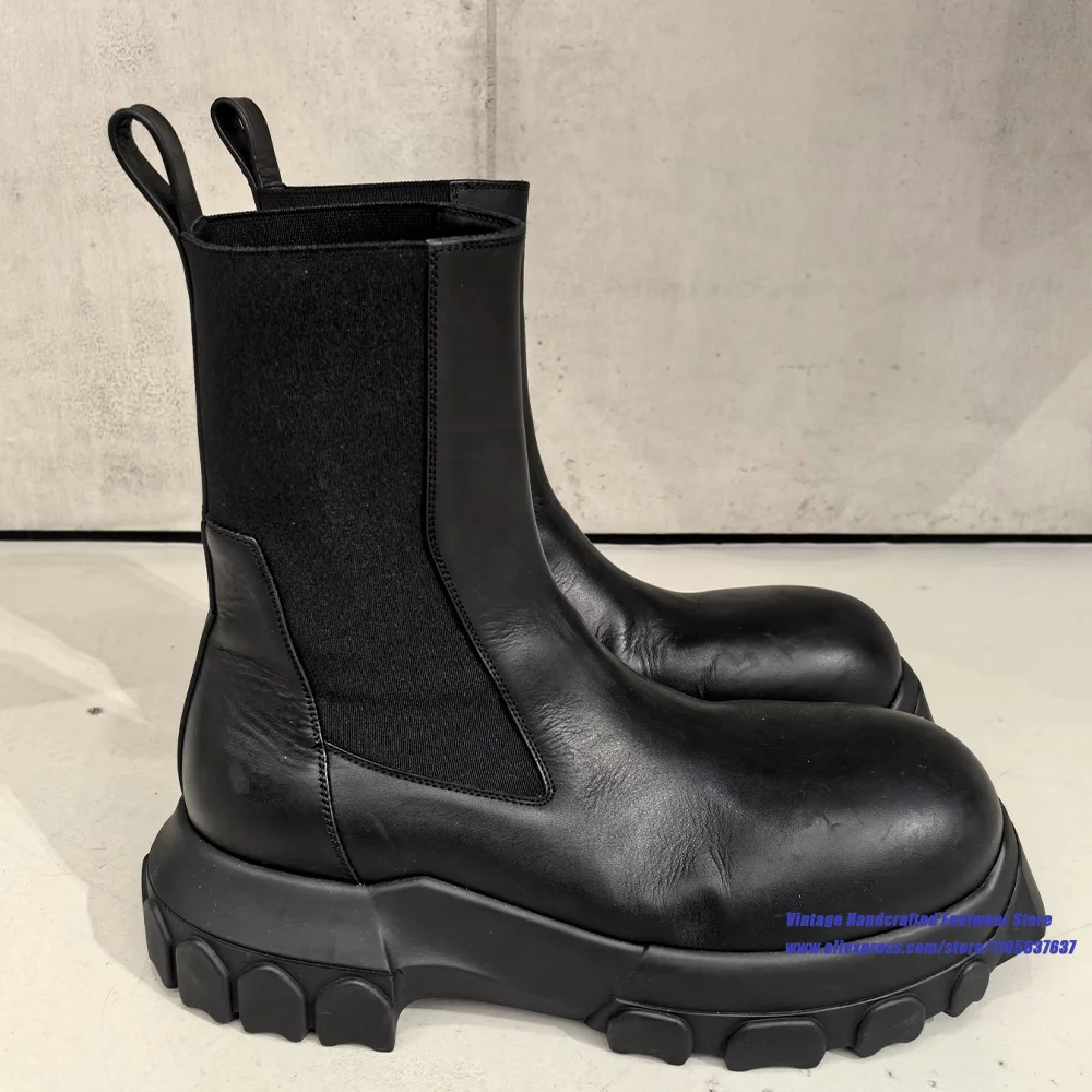 Black Chunky Platform Chelsea Boots Round Toe Elastic Band Slip On Gothic Thick Sole Ankle Booties Luxury Designer Men's Boots