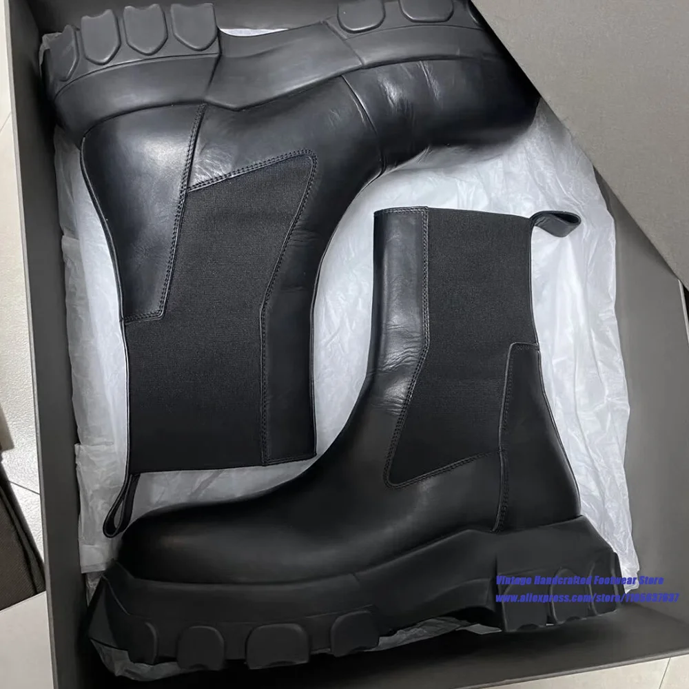 Black Chunky Platform Chelsea Boots Round Toe Elastic Band Slip On Gothic Thick Sole Ankle Booties Luxury Designer Men's Boots