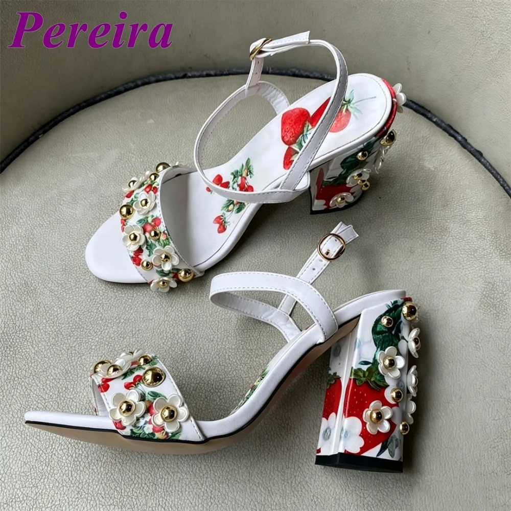 Light Blue Strawberry Print Heeled Sandals Shallow Open Toe Floral Heel Heels Women One Stap Blossom Summer Tourism Outer Shoes