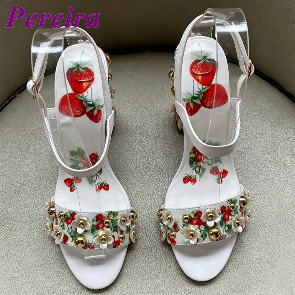 Light Blue Strawberry Print Heeled Sandals Shallow Open Toe Floral Heel Heels Women One Stap Blossom Summer Tourism Outer Shoes