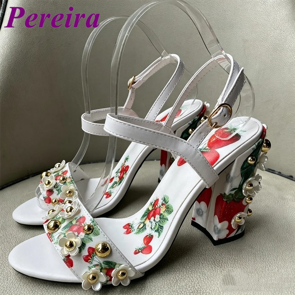 Light Blue Strawberry Print Heeled Sandals Shallow Open Toe Floral Heel Heels Women One Stap Blossom Summer Tourism Outer Shoes