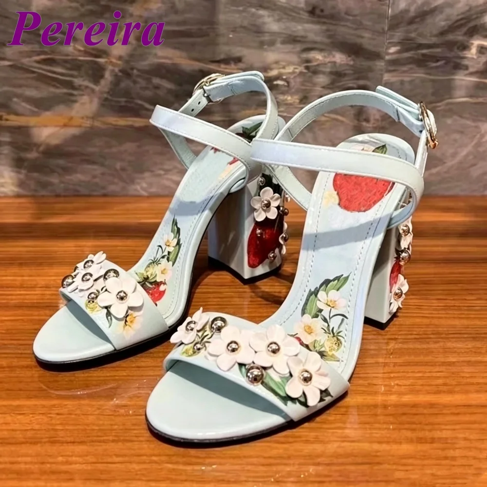 Light Blue Strawberry Print Heeled Sandals Shallow Open Toe Floral Heel Heels Women One Stap Blossom Summer Tourism Outer Shoes