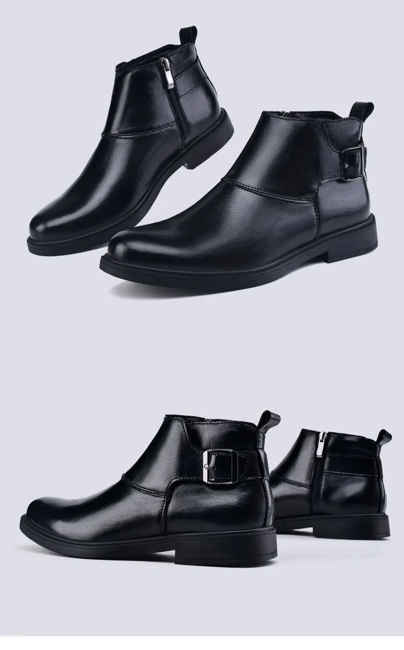 Fashion Men Boots Cow Leather & Fur Plush Winter Warm Black Casual Shoes Party Street Boys Big Size 37-48