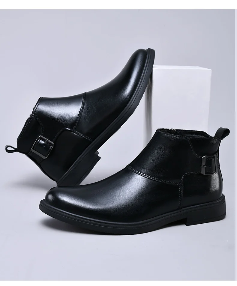 Fashion Men Boots Cow Leather & Fur Plush Winter Warm Black Casual Shoes Party Street Boys Big Size 37-48