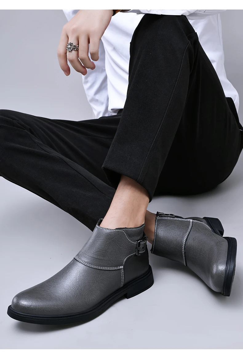 Fashion Men Boots Cow Leather & Fur Plush Winter Warm Black Casual Shoes Party Street Boys Big Size 37-48