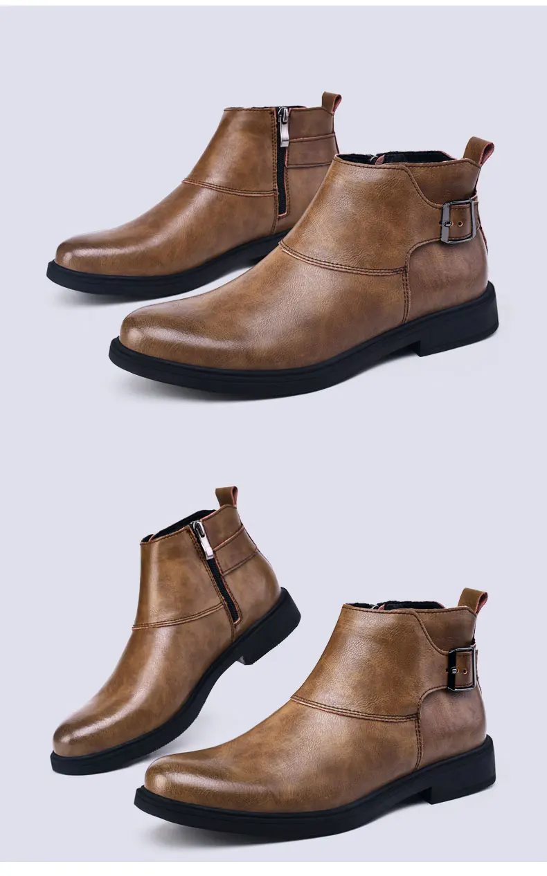 Fashion Men Boots Cow Leather & Fur Plush Winter Warm Black Casual Shoes Party Street Boys Big Size 37-48