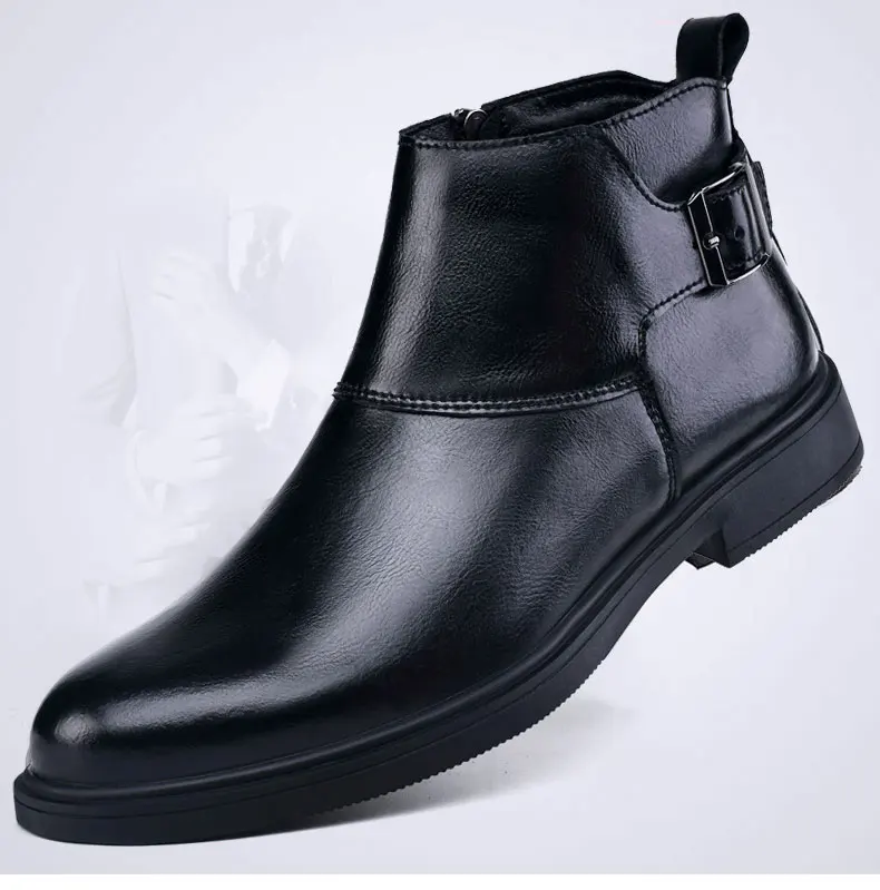 Fashion Men Boots Cow Leather & Fur Plush Winter Warm Black Casual Shoes Party Street Boys Big Size 37-48