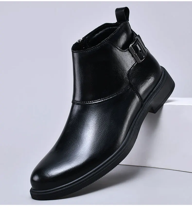 Fashion Men Boots Cow Leather & Fur Plush Winter Warm Black Casual Shoes Party Street Boys Big Size 37-48