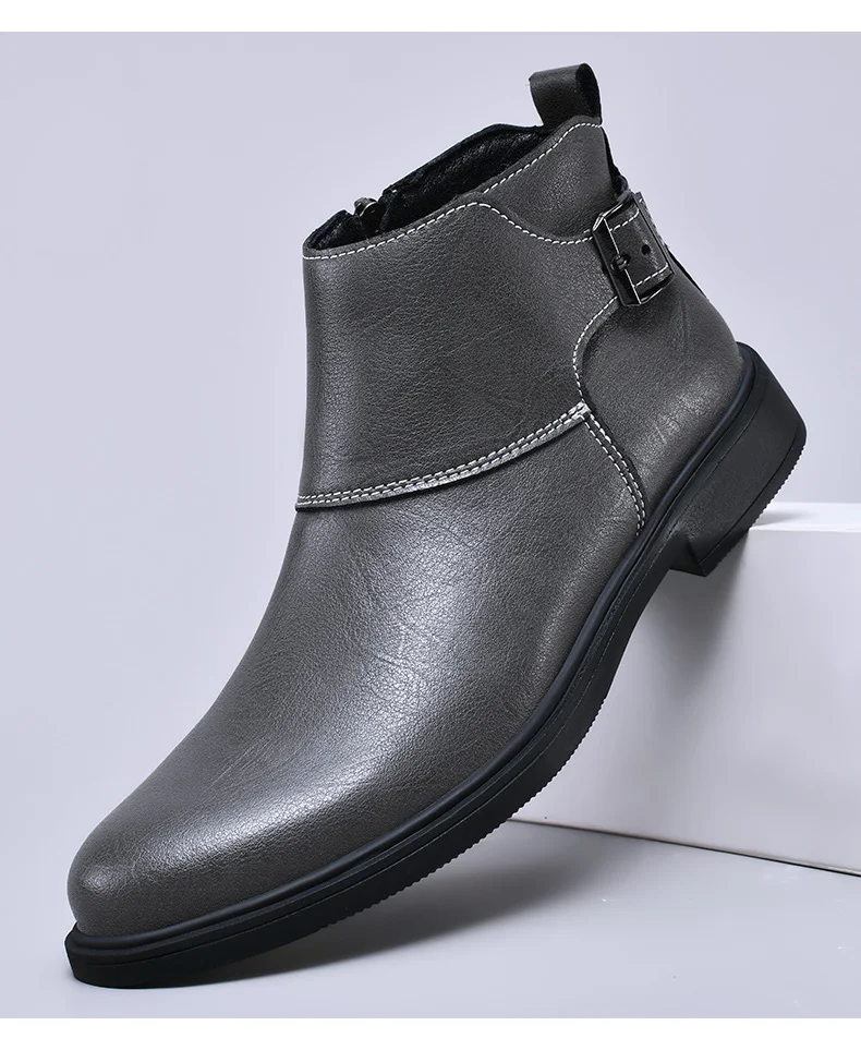 Fashion Men Boots Cow Leather & Fur Plush Winter Warm Black Casual Shoes Party Street Boys Big Size 37-48