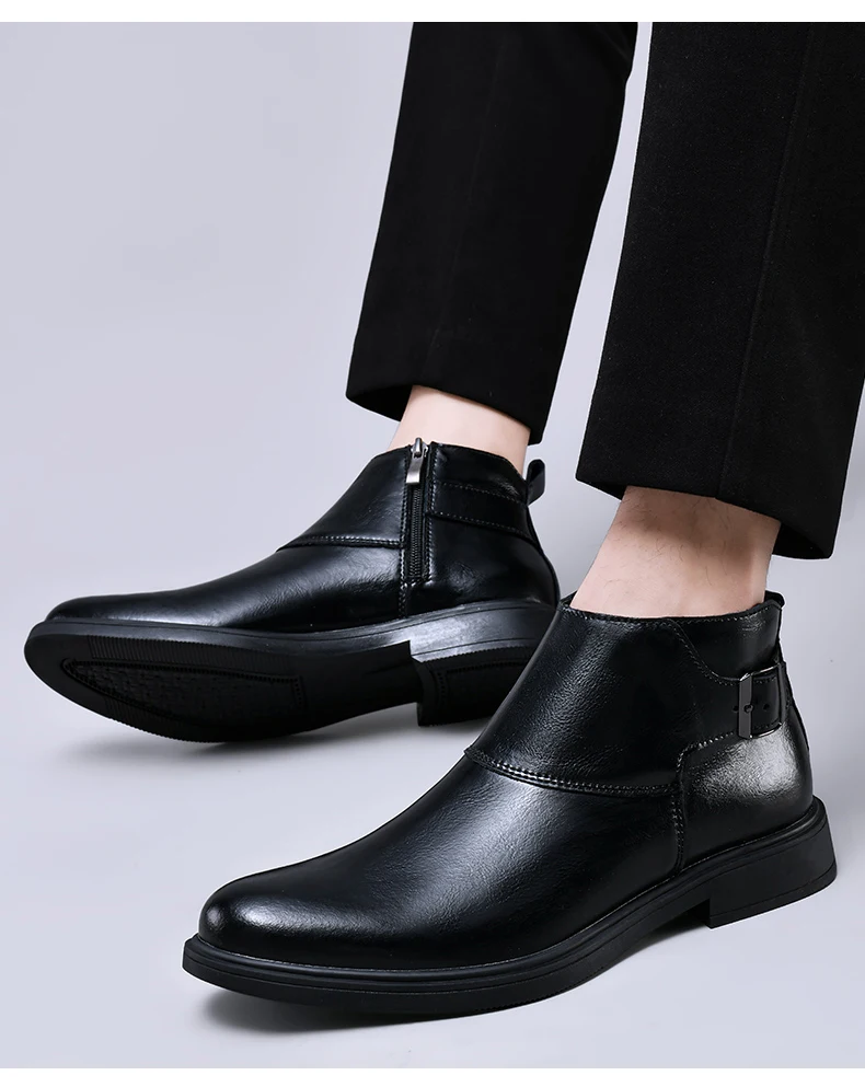 Fashion Men Boots Cow Leather & Fur Plush Winter Warm Black Casual Shoes Party Street Boys Big Size 37-48