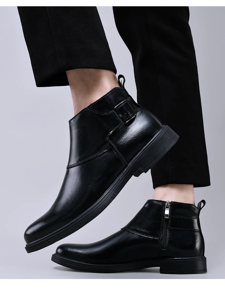 Fashion Men Boots Cow Leather & Fur Plush Winter Warm Black Casual Shoes Party Street Boys Big Size 37-48