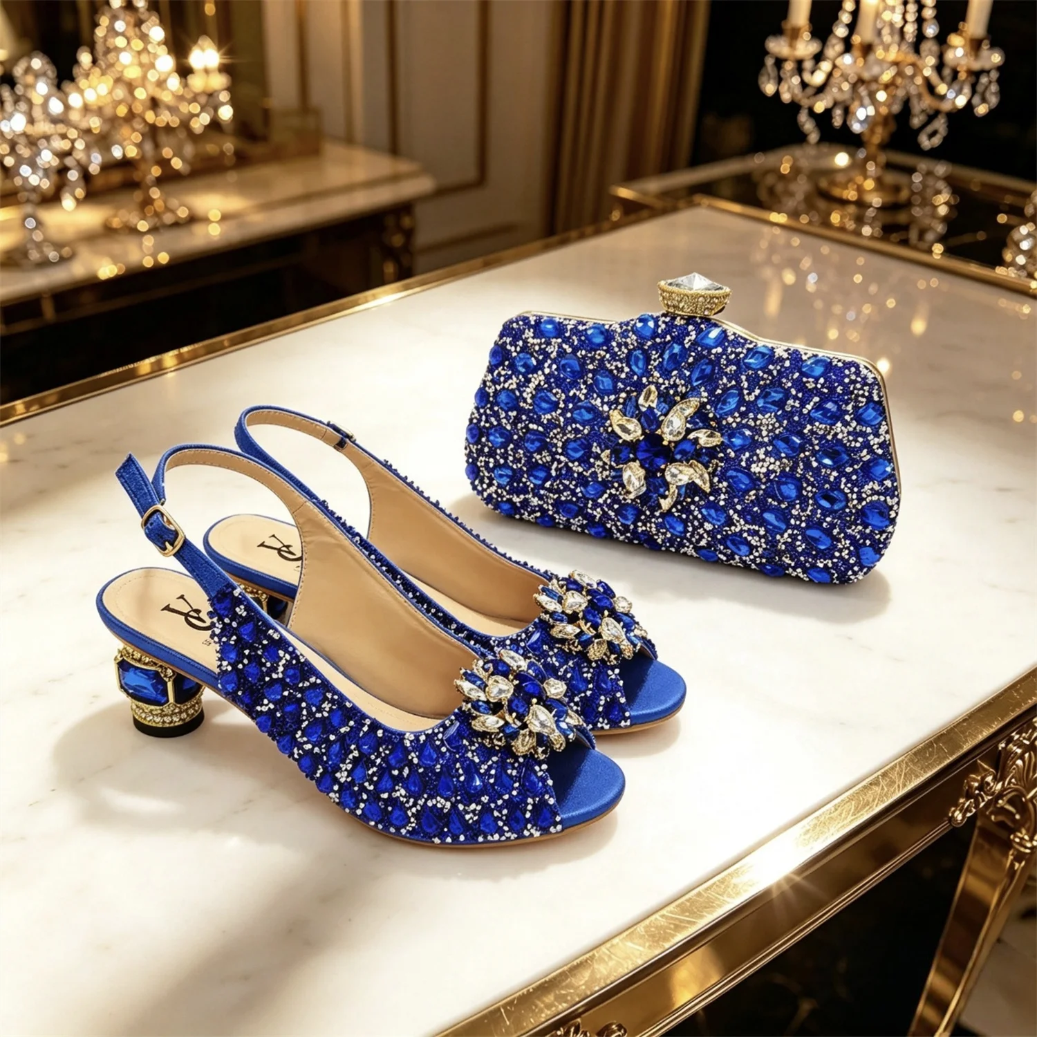 Women's Royal Blue Rhinestone Slingback Heels with Matching Clutch Bag Set Low Heel 3CM for Wedding Bridesmaid Evening Party