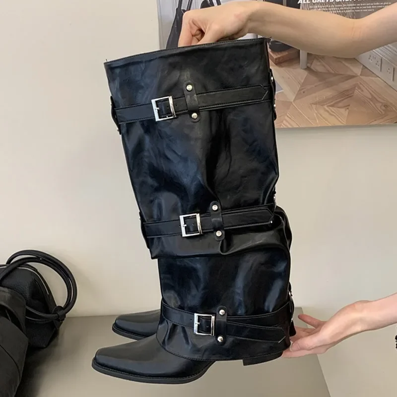 Eilyken New Design Narrow Band Buckle Strap Splicing Women Knee-High Boots Autumn Winter Pointed Toe Low Heels Shoes