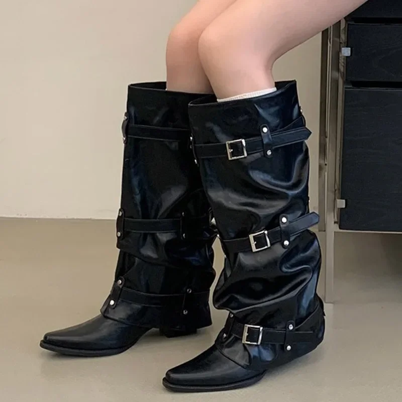 Eilyken New Design Narrow Band Buckle Strap Splicing Women Knee-High Boots Autumn Winter Pointed Toe Low Heels Shoes