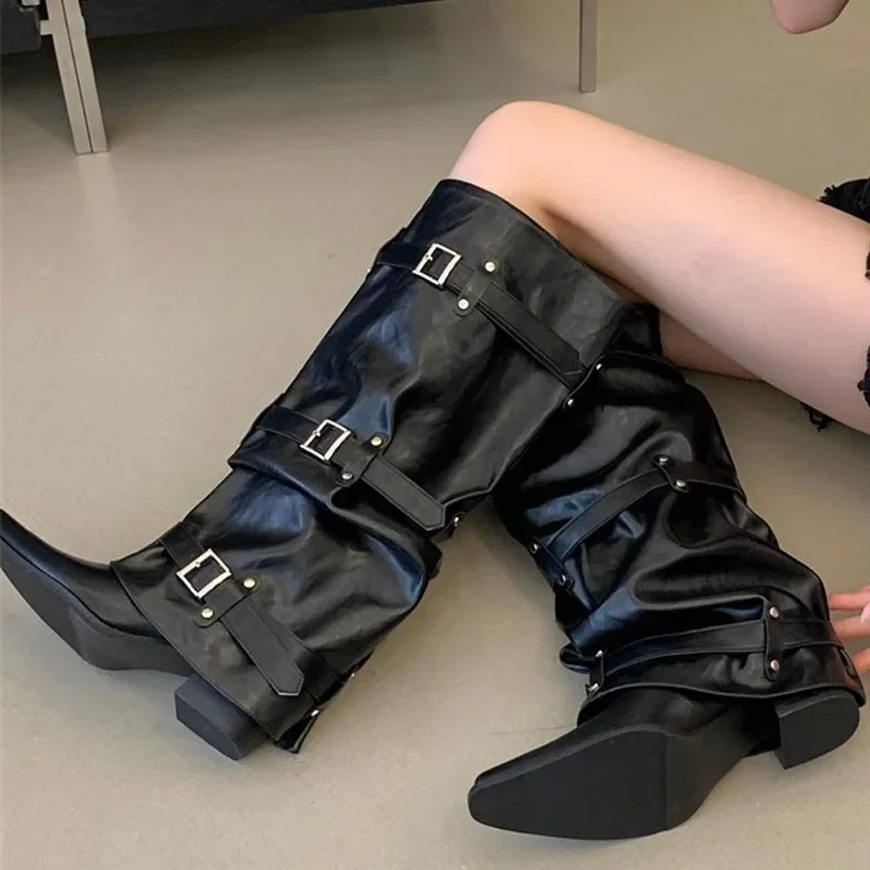Eilyken New Design Narrow Band Buckle Strap Splicing Women Knee-High Boots Autumn Winter Pointed Toe Low Heels Shoes