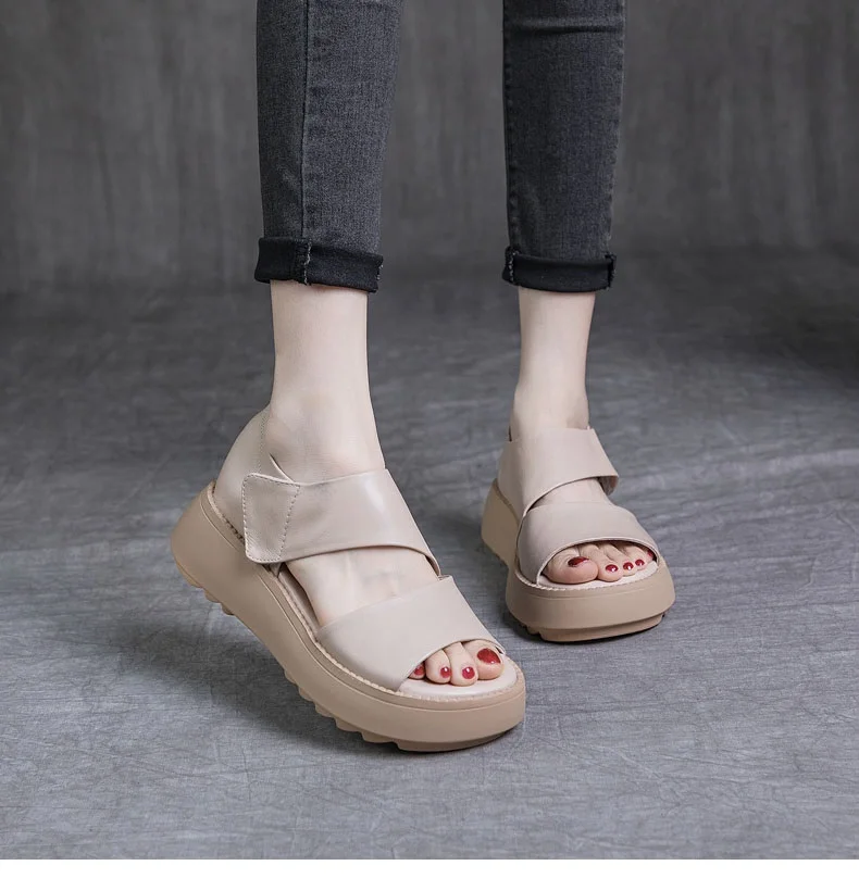 DRKANOL Women Platform Sandals 2026 Summer Wedges Heel Open Toe Shoes 100% Genuine Leather Casual Sandals Female Handmade Retro