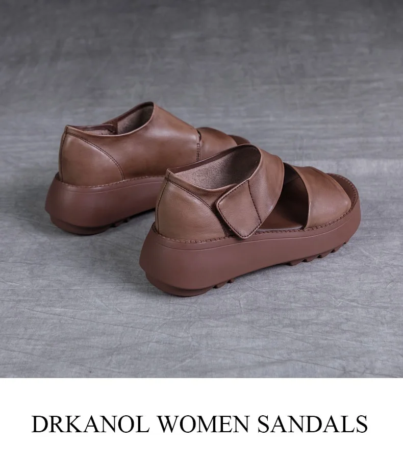 DRKANOL Women Platform Sandals 2026 Summer Wedges Heel Open Toe Shoes 100% Genuine Leather Casual Sandals Female Handmade Retro