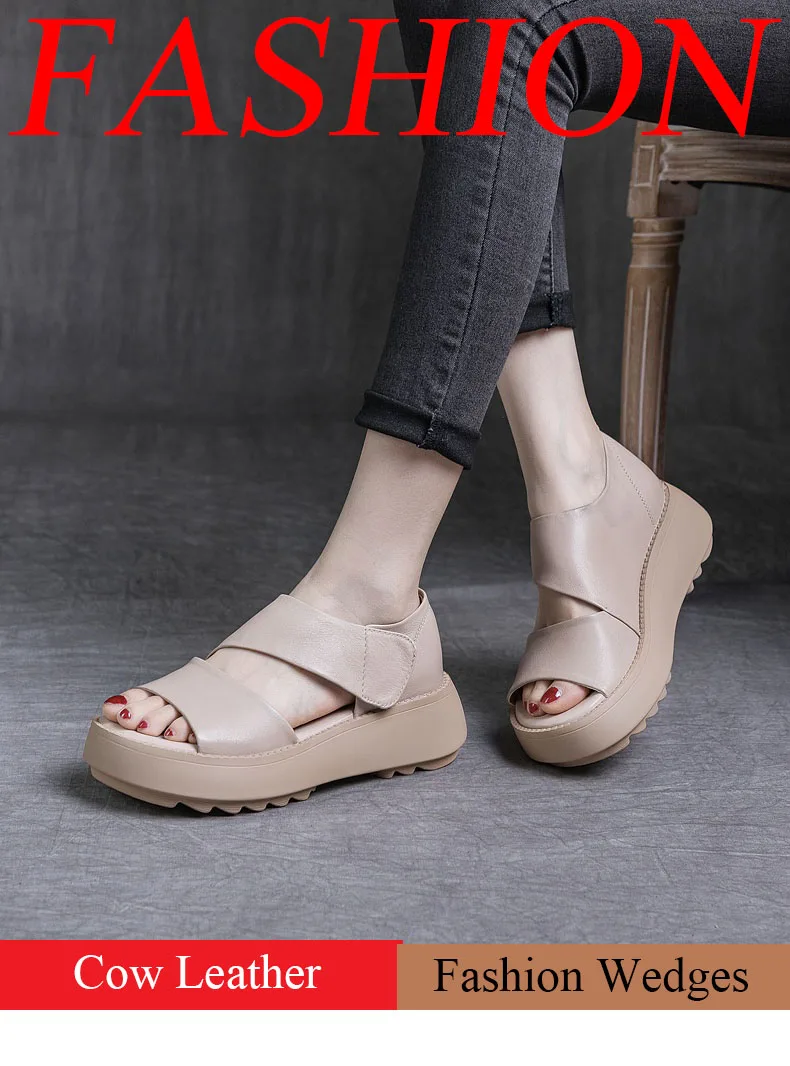 DRKANOL Women Platform Sandals 2026 Summer Wedges Heel Open Toe Shoes 100% Genuine Leather Casual Sandals Female Handmade Retro