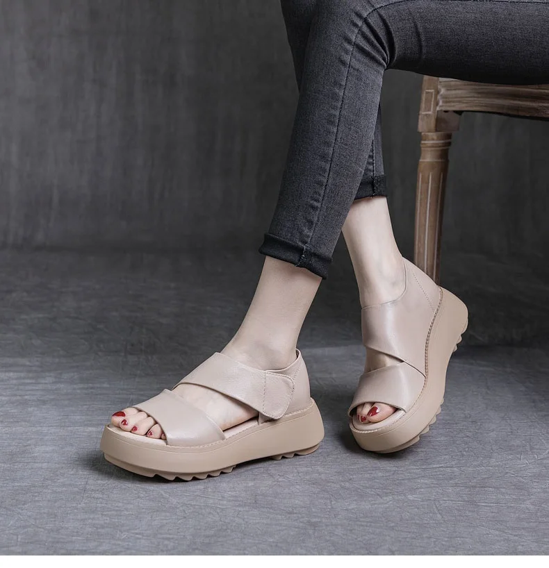 DRKANOL Women Platform Sandals 2026 Summer Wedges Heel Open Toe Shoes 100% Genuine Leather Casual Sandals Female Handmade Retro