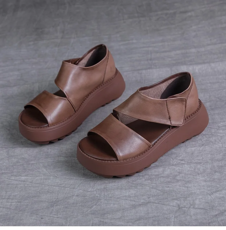 DRKANOL Women Platform Sandals 2026 Summer Wedges Heel Open Toe Shoes 100% Genuine Leather Casual Sandals Female Handmade Retro