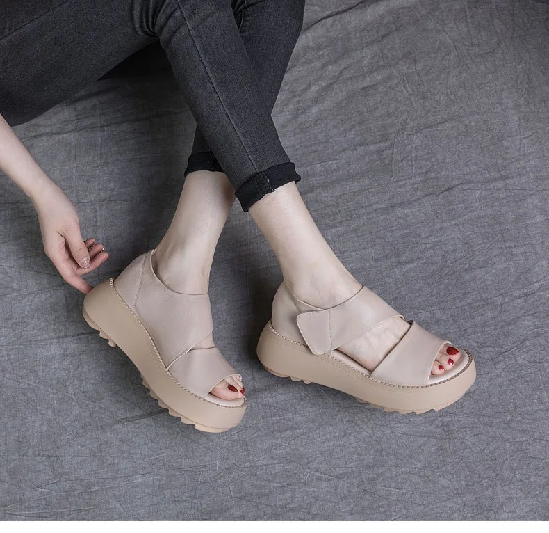 DRKANOL Women Platform Sandals 2026 Summer Wedges Heel Open Toe Shoes 100% Genuine Leather Casual Sandals Female Handmade Retro