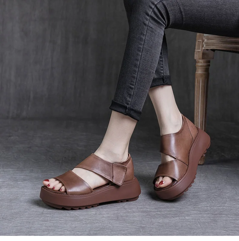 DRKANOL Women Platform Sandals 2026 Summer Wedges Heel Open Toe Shoes 100% Genuine Leather Casual Sandals Female Handmade Retro