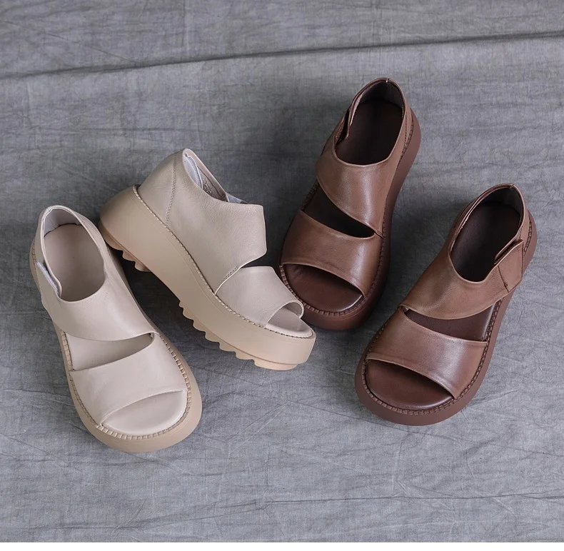 DRKANOL Women Platform Sandals 2026 Summer Wedges Heel Open Toe Shoes 100% Genuine Leather Casual Sandals Female Handmade Retro