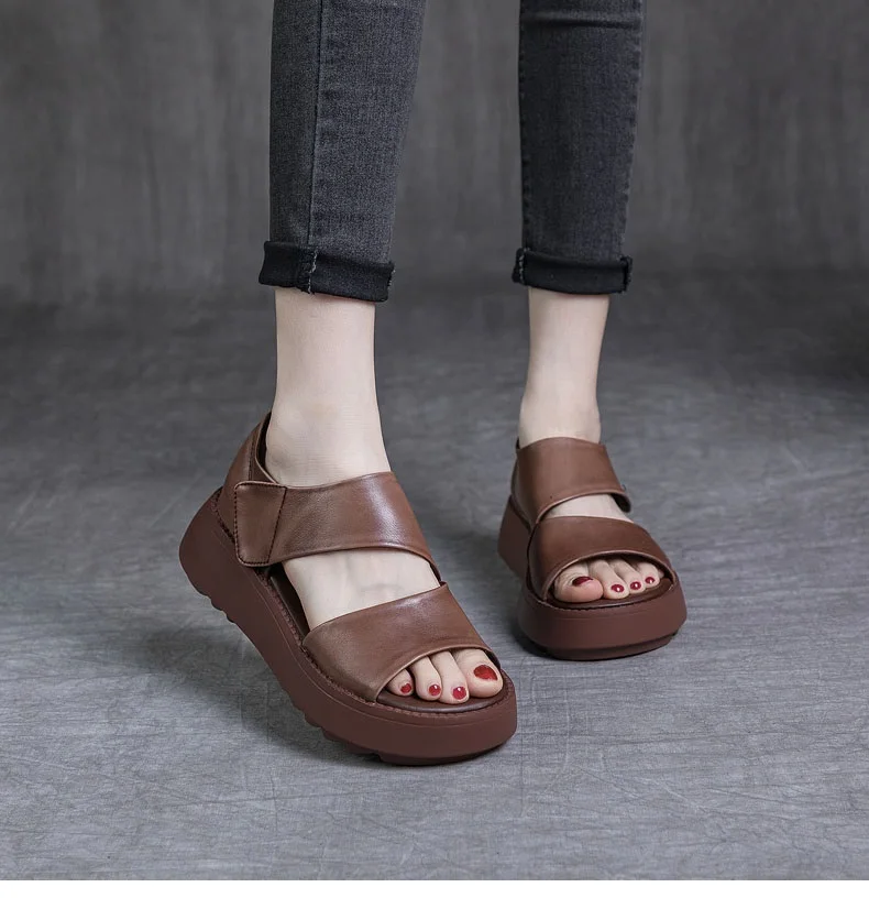 DRKANOL Women Platform Sandals 2026 Summer Wedges Heel Open Toe Shoes 100% Genuine Leather Casual Sandals Female Handmade Retro