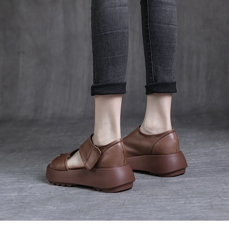 DRKANOL Women Platform Sandals 2026 Summer Wedges Heel Open Toe Shoes 100% Genuine Leather Casual Sandals Female Handmade Retro
