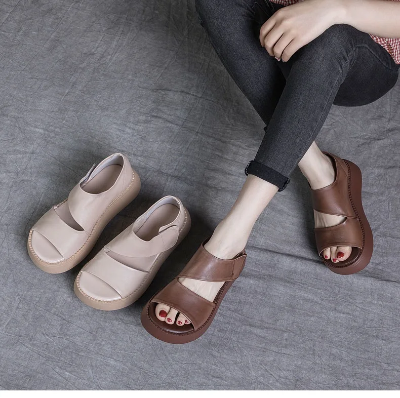 DRKANOL Women Platform Sandals 2026 Summer Wedges Heel Open Toe Shoes 100% Genuine Leather Casual Sandals Female Handmade Retro