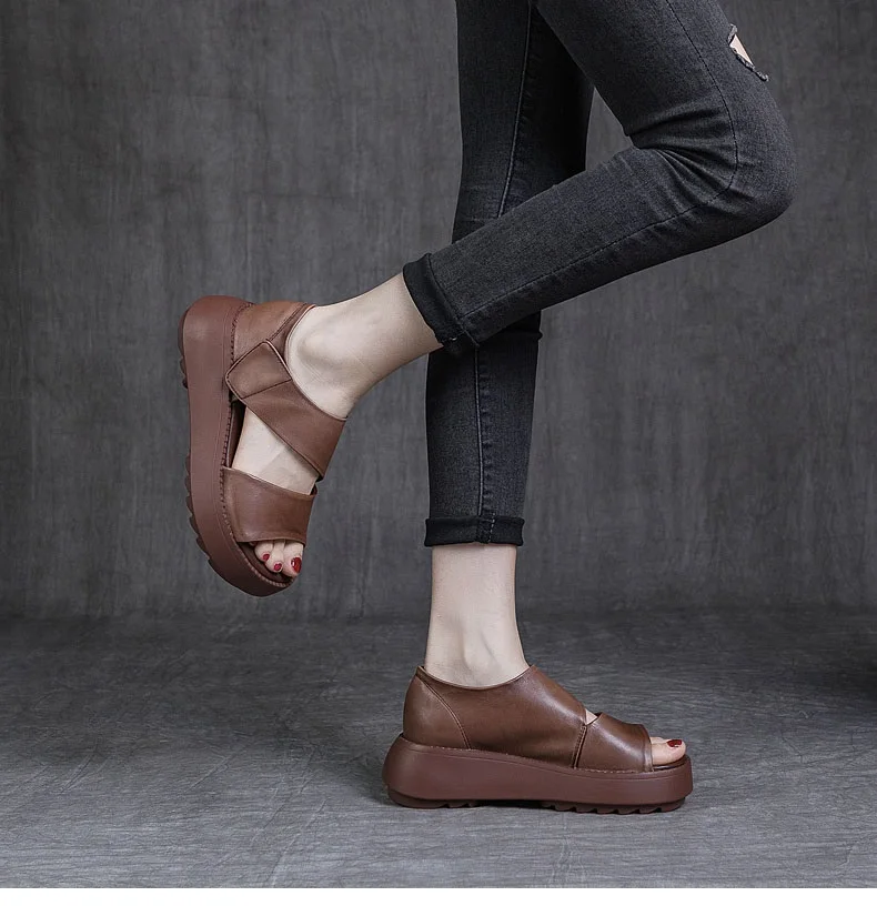 DRKANOL Women Platform Sandals 2026 Summer Wedges Heel Open Toe Shoes 100% Genuine Leather Casual Sandals Female Handmade Retro